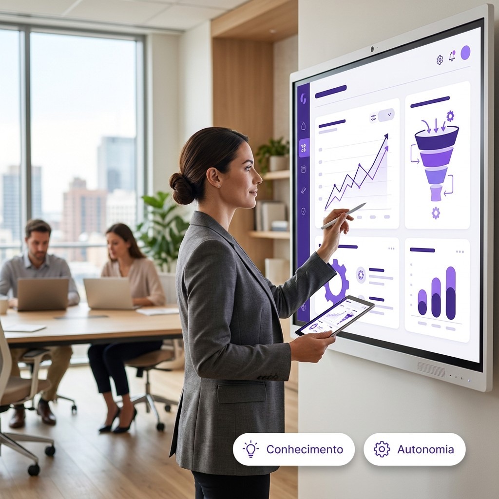 Ilustração de gestora apresentando o dashboard de estratégia da própria ótica, com indicadores de conhecimento e autonomia
