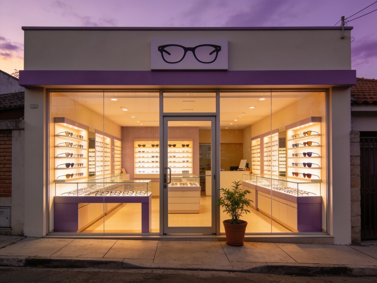 Fachada de uma ótica ao entardecer, com vitrine iluminada